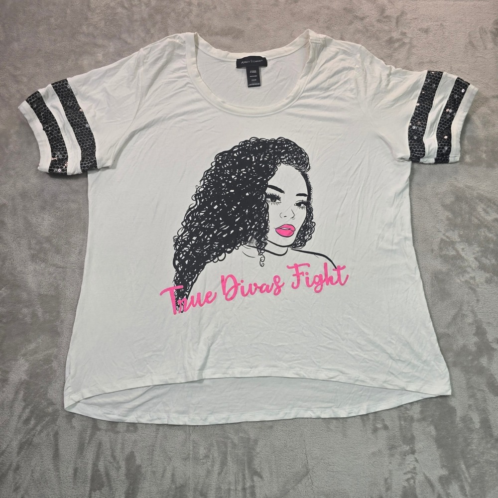 Ashley Stewart True Divas Fight Graphic Tee White Sequin Sleeve Plus Size 22/24